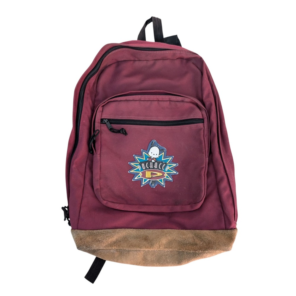 Vintage 90's Sanrio Pochacco Backpack Burgundy Leather Suede Bottom School Bag